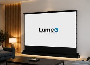 LumeO Cinema Lift floor-rising motorized screen deployed in a living room