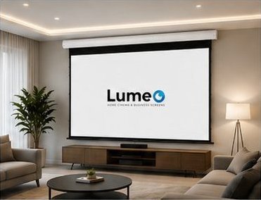 LumeO Cinema Nova motorized screen deployed in a living room