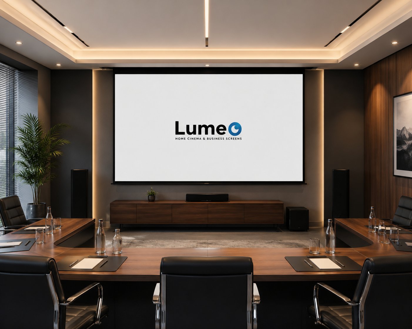 LumeO Nova Pro motorized screen deployed in an equipped meeting room