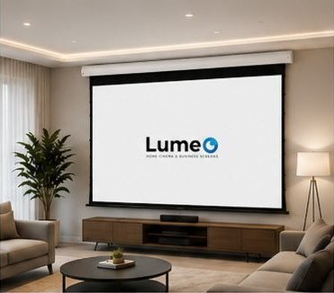 LumeO Cinema Nova S+ tab-tensioned motorized screen in situ