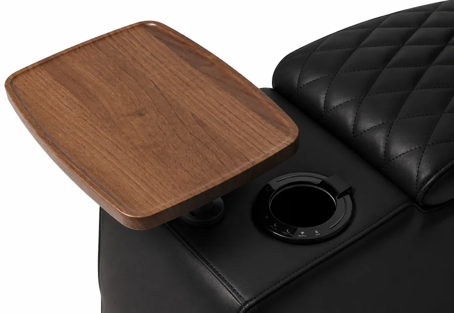 Walnut swivel tray table deployed from a LumeO seat armrest