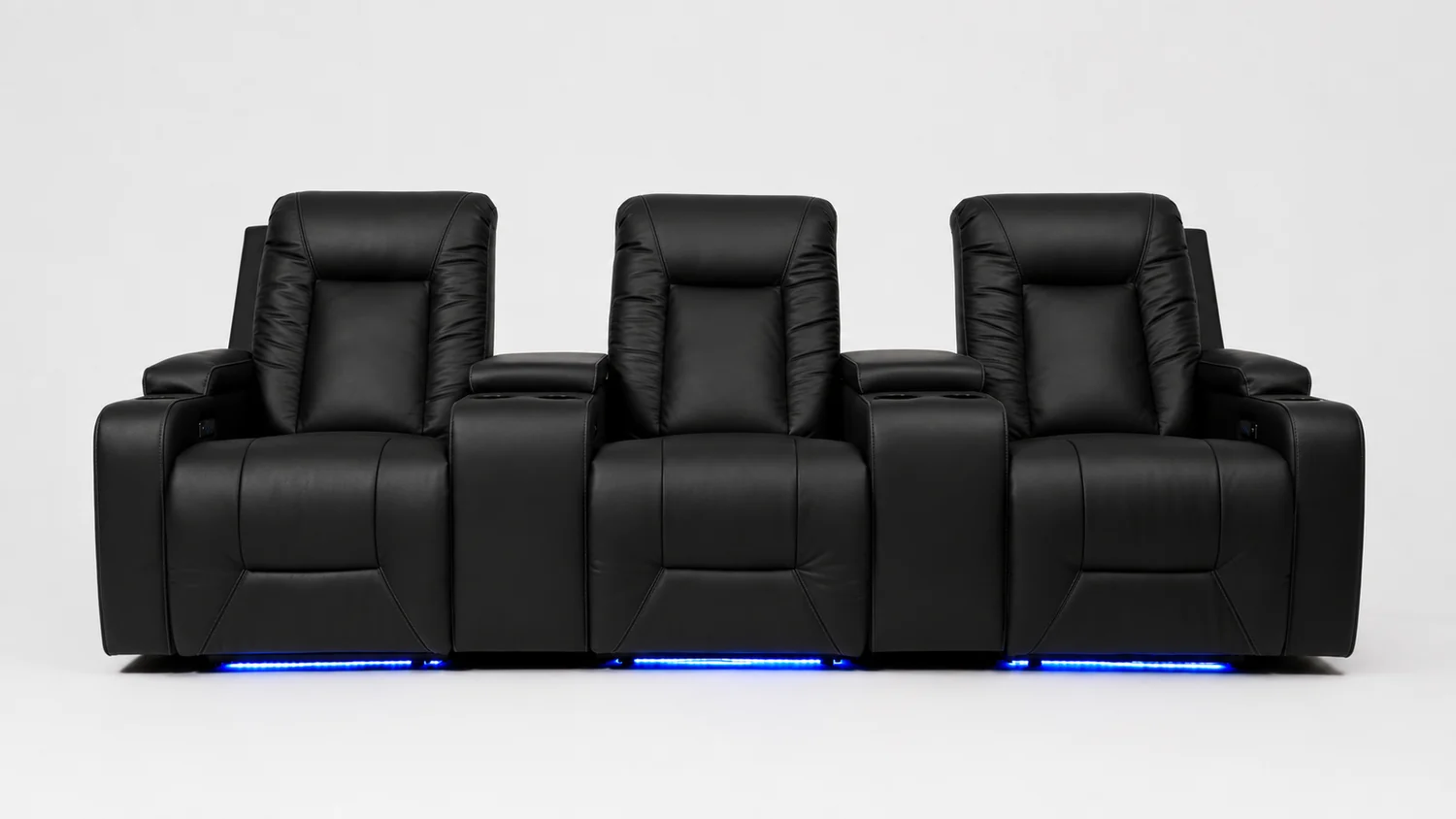 Row of LumeO Azul home cinema seats in matte black leather, blue LED base lighting