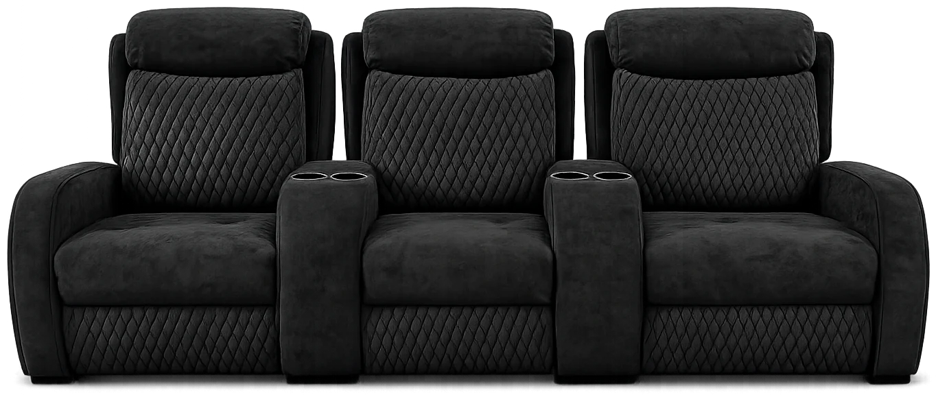 Row of LumeO Modena cinema seats in quilted black velvet, central cup-holder consoles