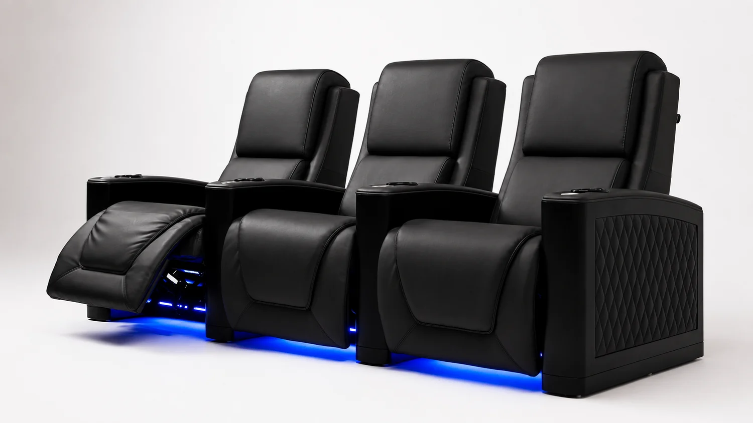 Row of LumeO Norlou home cinema seats in matte black leather, blue LED lighting, one seat reclined
