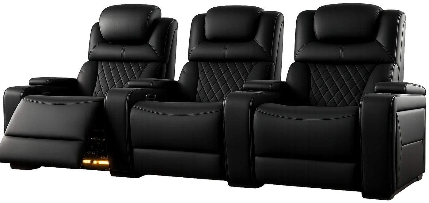 Row of LumeO Tresco home cinema seats in matte black leather, one seat reclined
